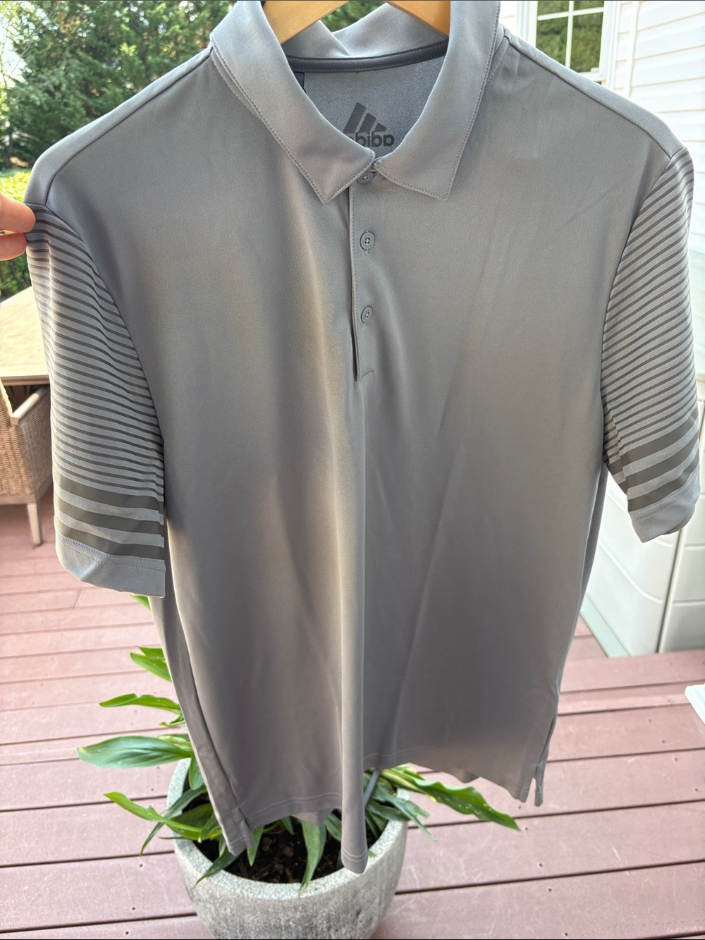adidas Golf Men's Gray Performance Polo with Striped Sleeve Detail Large